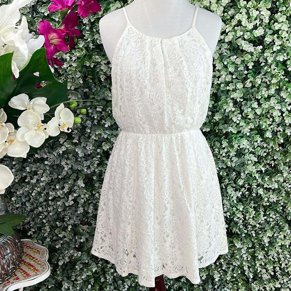 Peach Royal Floral Lace White Mini Dress